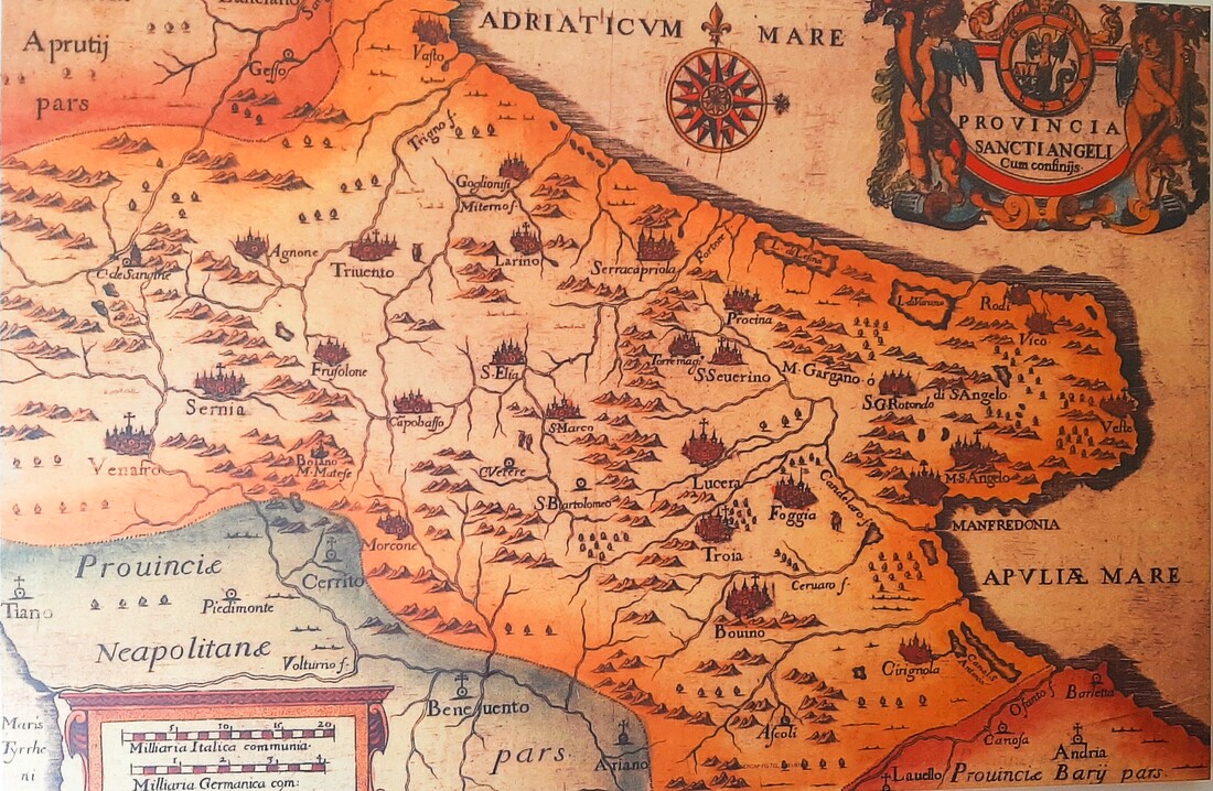 A 16th-century map of the province of Sant'Angelo, in which Padre Pio entered.